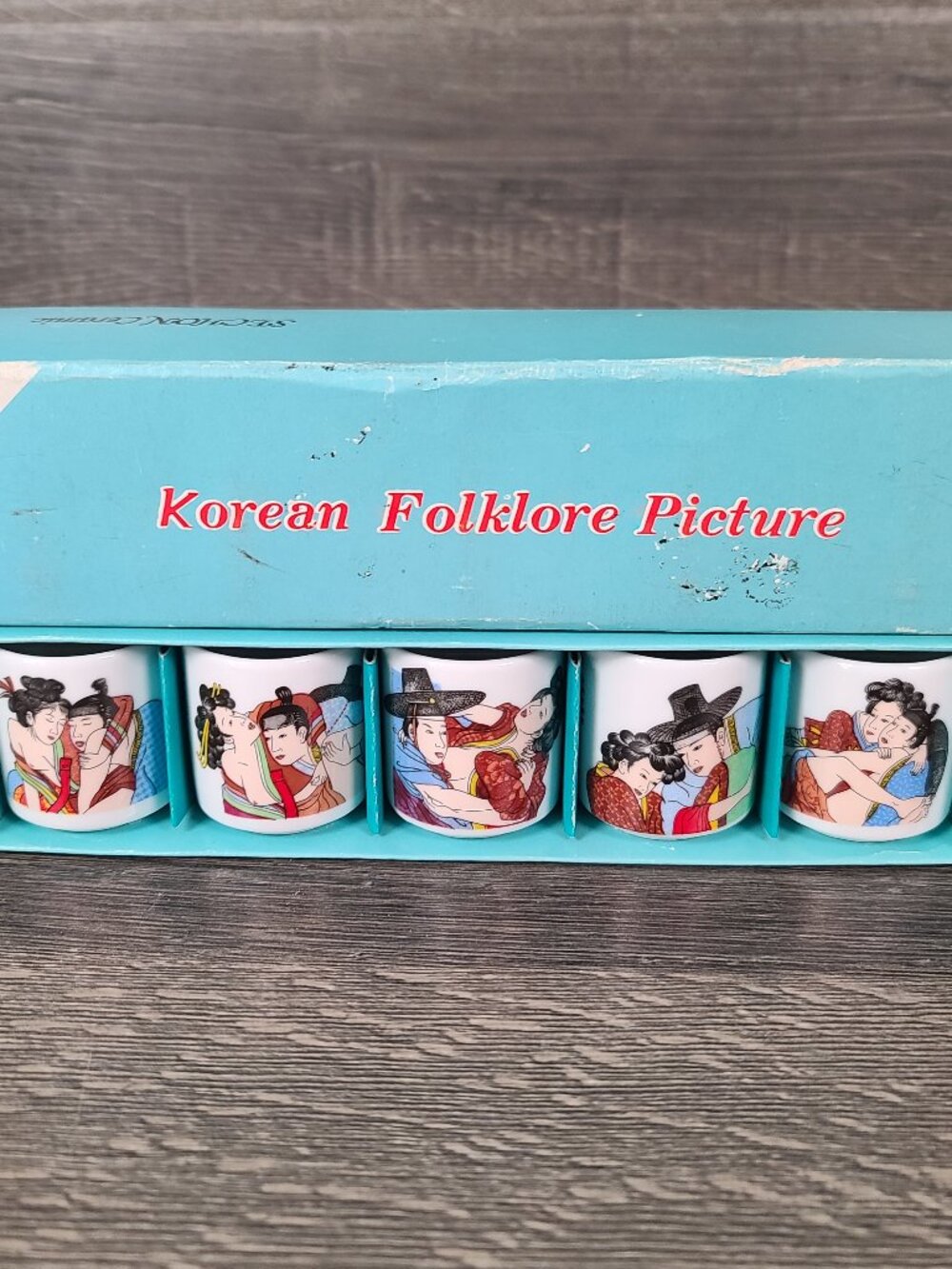 Korean Folklore Picture Sechon Ceramic Set of 5 Wine Saki Cups